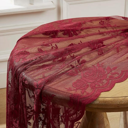Burgundy Lace Curtains 45 Inch Length Vintage Floral Sheer Curtains - Image 7
