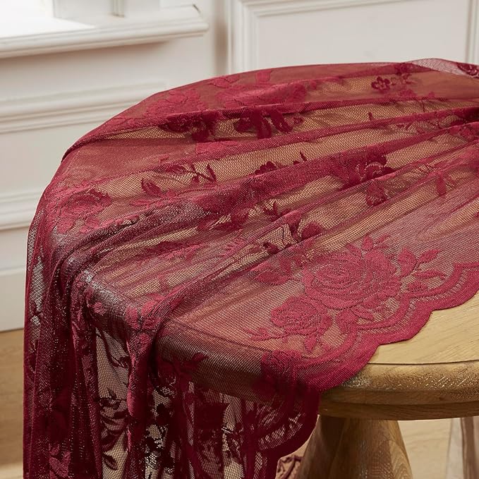 Burgundy Lace Kitchen Curtains 36 Inch Length - Image 4