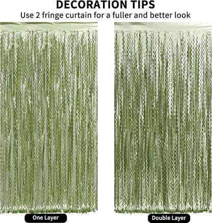 4 Pack Sage Green Wavy Metallic Tinsel Foil Fringe Curtains 3.3x6.6 Feet - Image 5