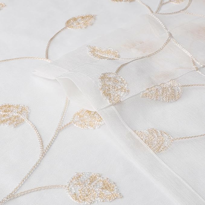 Beige Sheer Curtains Decorative Embroidered Leaf 63 Inches Long | Light - Image 5