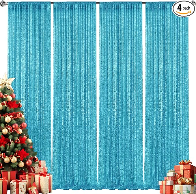 2×8FT-4PCS Turquoise Sequin Backdrop Curtains Panels, Photography Backdrop by Pufogu