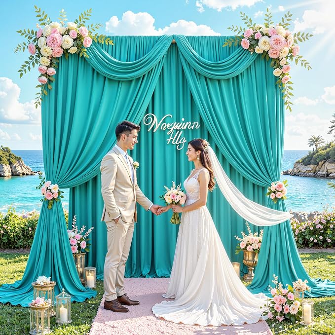 10 ft x 40 ft WWrinkle Free Turquoise Backdrop Curtain - Image 9