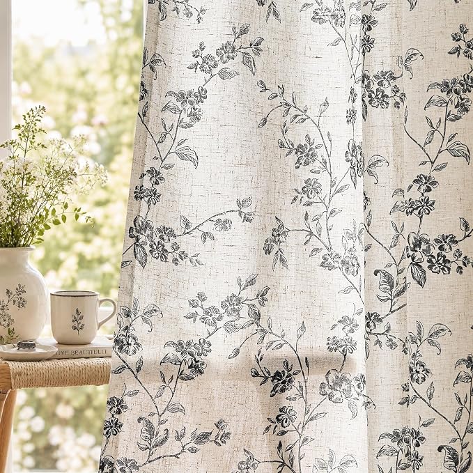 jinchan Black Floral Linen Curtains 84 Inch Rustic Drapes Back Tab 2 Panels | by JINCHAN