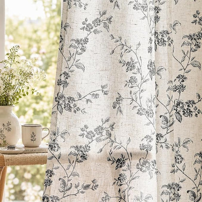 jinchan Black Floral Linen Curtains 84 Inch Rustic Drapes Back Tab 2 Panels | by JINCHAN