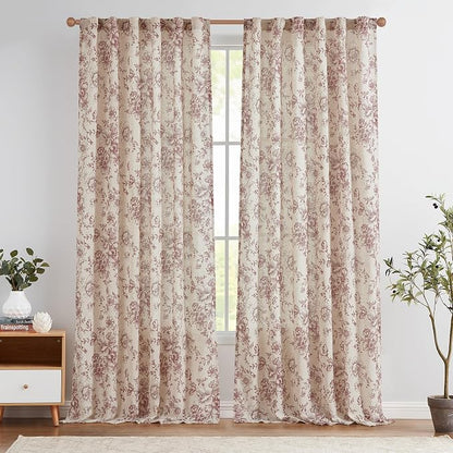 jinchan Red Floral Linen Curtains 96 Inch Farmhouse Back Tab 2 Panels | Light by JINCHAN