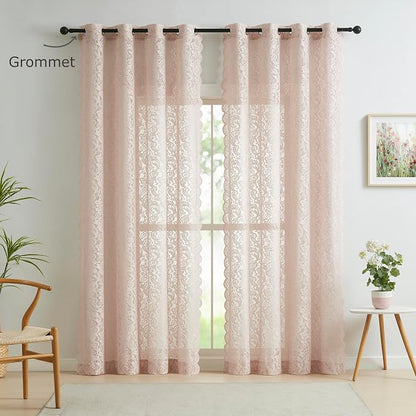 Bujasso Pink Lace Window Curtains Vintage Floral Sheer Curtain Panels 95 inch - Image 5