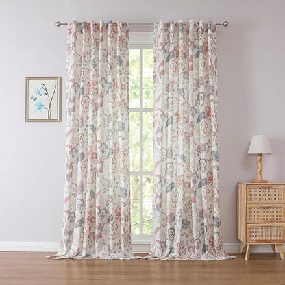 Kayne Studio Navy Red Jacobean Floral Rod Pocket Semi Sheer Curtains 95Inch | by KayneStudio