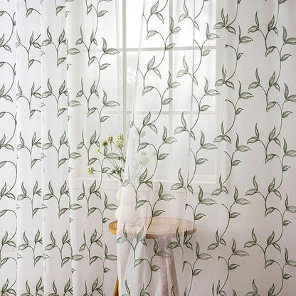 Sheer Curtains Boho Leaf Floral Embroidered Green 54Wx96L | Light Filtering - Image 3