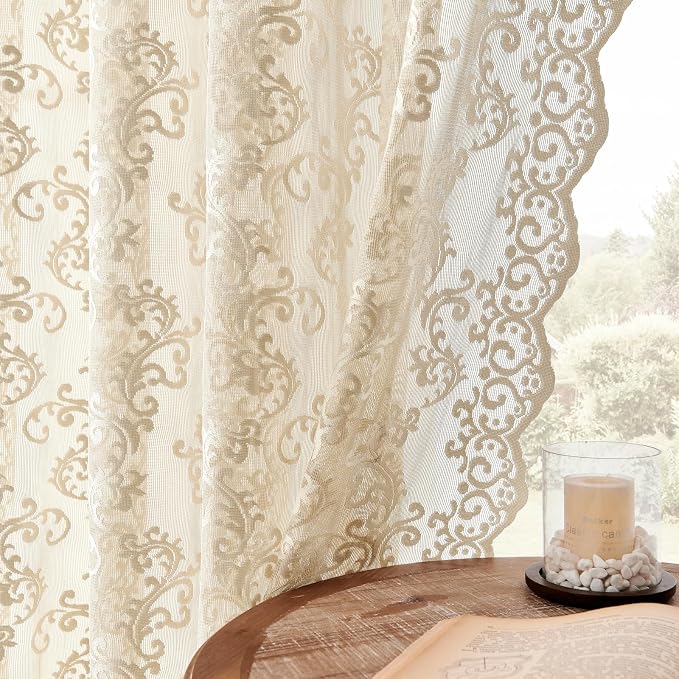 Beige Lace Vintage Paisley Floral Curtains by FOLKSIDEHomeDecoration