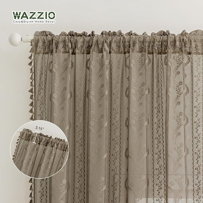 WAZZIO Boho Lace Curtains 2 Panels 63 Inch -Victorian Sheer Panel Drape French - Image 7