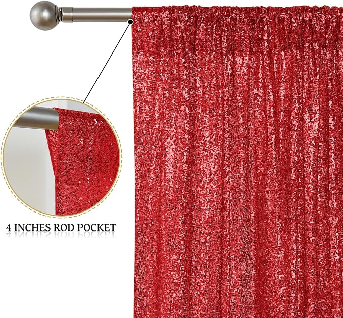 Sugargirl Red Sequin Backdrop Curtain 2 Panels 2FTx8FT Glitter Red Background - Image 4