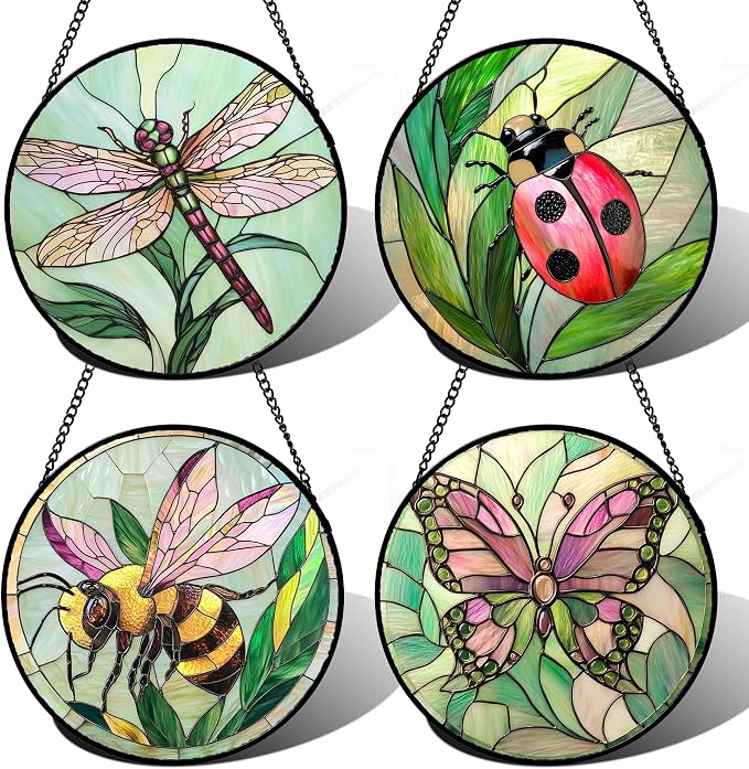 DASTOLL Stained Glass Window Hanging 4 Pcs Set Pink Green Insect Theme Large by DASTOLL