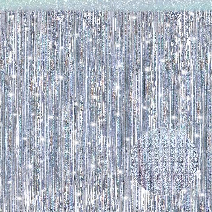 Crosize 2 Pack Laser Silver Party Streamers Backdrop, 3.3 x 9.9 ft | Foil by Crosize