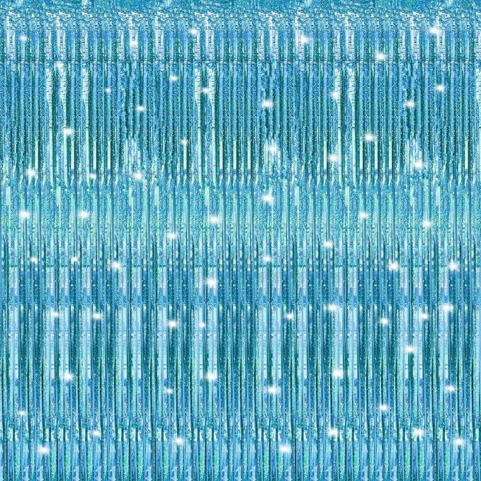 Crosize 4 Pack Laser Blue Party Streamers Backdrop, 3.3 x 9.9 ft | Tinsel Foil by Crosize