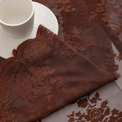 Kotile Warm Brown Sheer Kitchen Curtains Rustic Floral W42xL45 in, 2 Panels | - Image 6