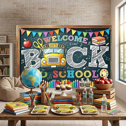 Welcome Back to School Backdrop 59x39in Chalkboard Party Background | Washable - Image 8