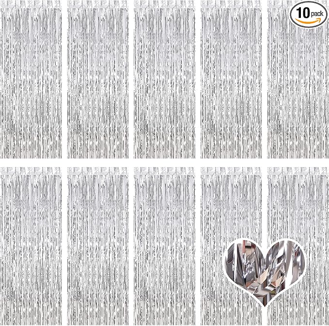 10 Pack Silver Backdrop Curtain 3.2ft x 8.2ft Metallic Tinsel Foil Fringe by Ohiyoo