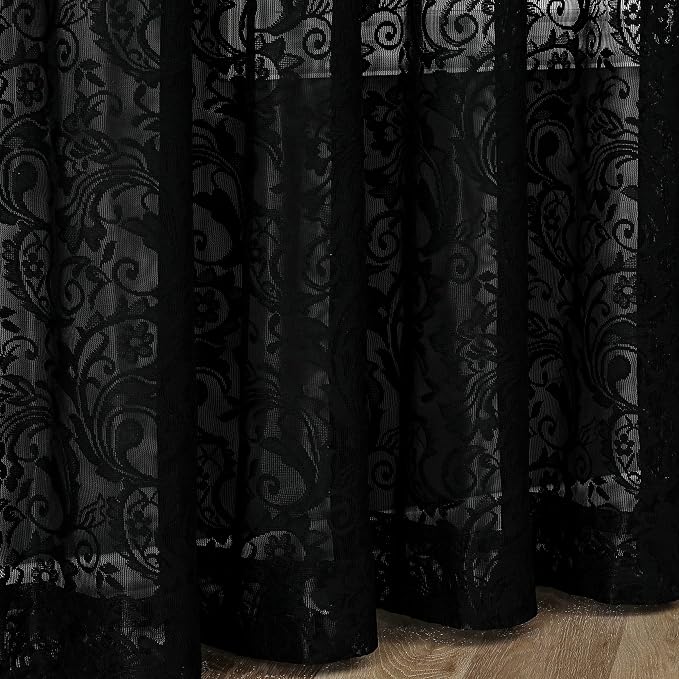 Bujasso Black Lace Sheer Curtains 102 inch Vintage Floral Sheer Window Curtain - Image 3