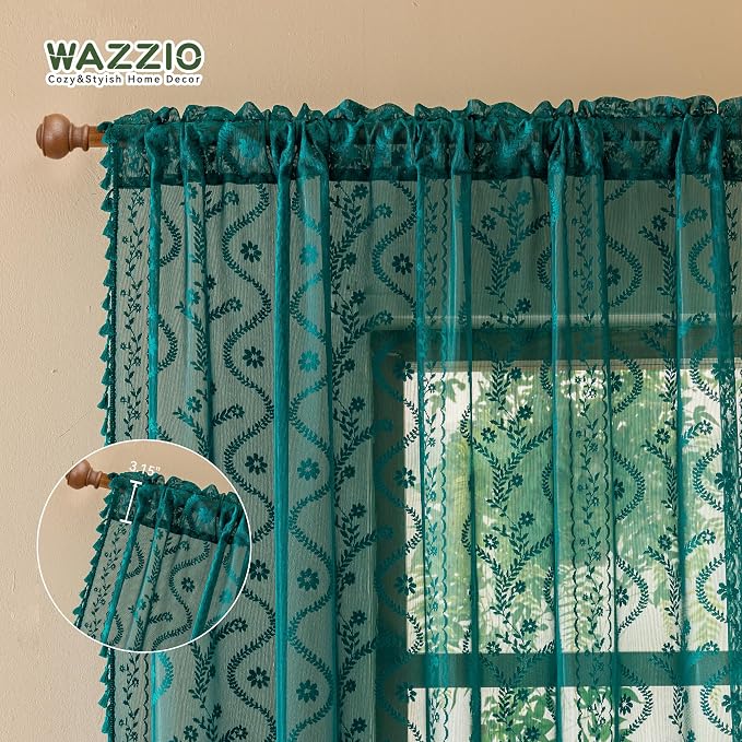 WAZZIO Boho Lace Curtains 2 Panels 96 Inch -Victorian Sheer Panel Drape French - Image 6