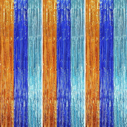 Voircoloria 3 Pack 3.3 x 8.2 ft Blue Orange Foil Fringe Backdrop Curtains by Voircoloria