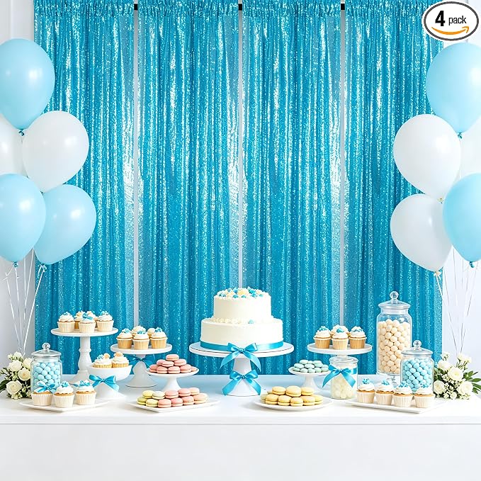 ShinyBeauty Sequin Backdrop Curtains 4 Panels 2x8FT Turquoise by ShinyBeauty