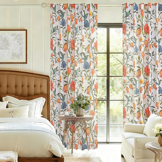 72 Inch Boho Floral Curtains Tropical Bird Print Linen Semi Sheer Window Drapes - Image 6