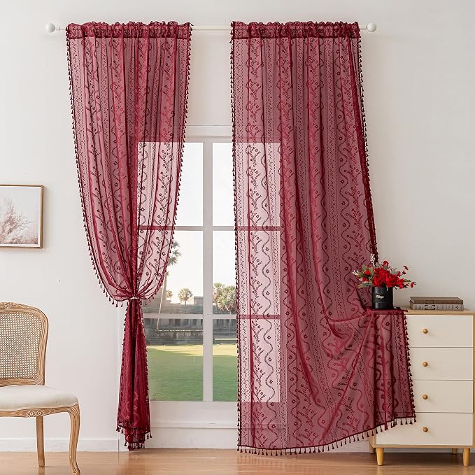 WAZZIO Boho Lace Curtains 2 Panels 84 Inch -Victorian Sheer Panel Drape French - Image 8