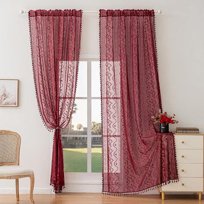 WAZZIO Boho Lace Curtains 2 Panels 84 Inch -Victorian Sheer Panel Drape French - Image 8