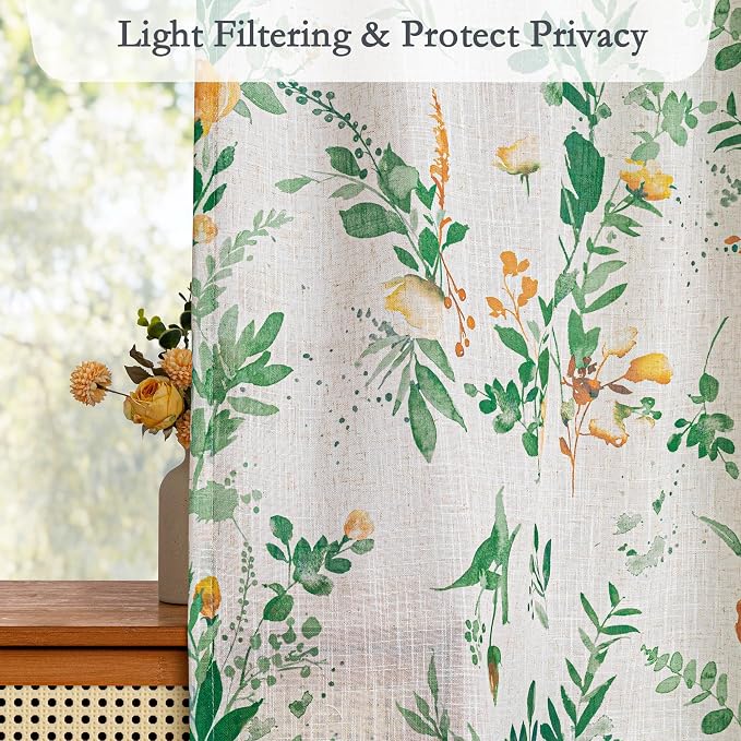 MYSKY HOME Floral Linen French Door Curtains Green Farmhouse Privacy Door - Image 7