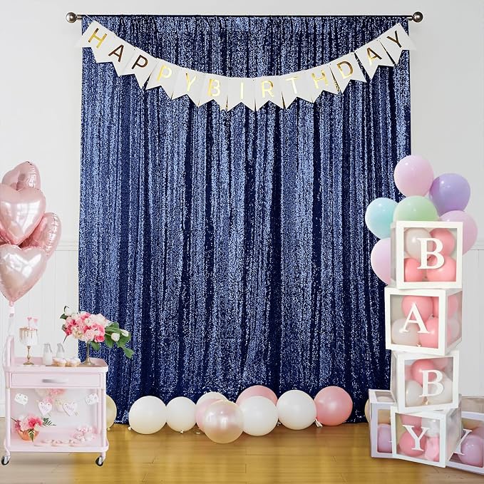 Sugargirl Navy Sequin Backdrop Curtain 4FTx8FT Glitter Navy Background Drapes - Image 2