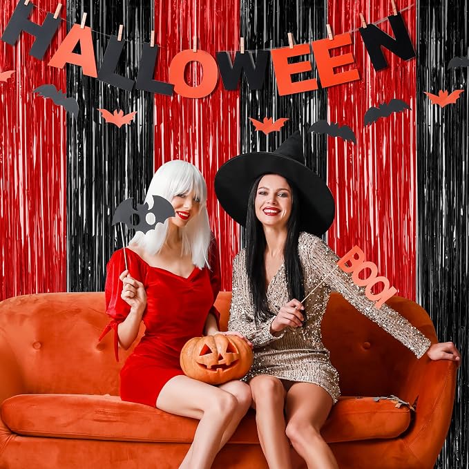 ZATAYE 8 Pack Black Red Halloween Foil Curtain Streamer Decorations | Black Red - Image 5