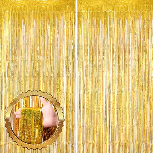 Voircoloria Laser Gold Foil Fringe Backdrop Curtains, 2 Pack | Tinsel Streamers by Voircoloria