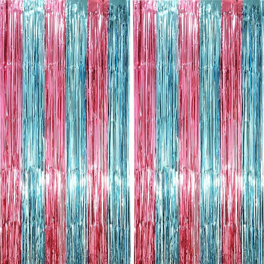 Voircoloria Blue Pink Foil Fringe Backdrop Curtains, 2 Pack | Tinsel Streamers by Voircoloria