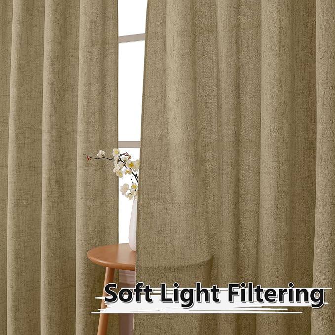 Tollpiz Linen Curtains Living Room Rod Pocket Semi Sheer Curtain Burlap Light - Image 2