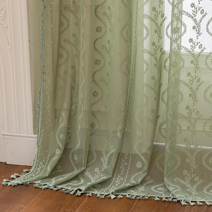WAZZIO Boho Lace Curtains 2 Panels 63 Inch -Vintage Victorian Sheer Panel Drape - Image 6