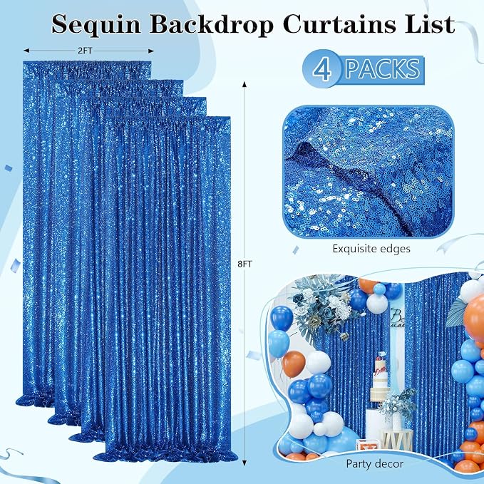 4 Pack Royal Blue Curtains 2ftx8ft Sequin Backdrop Drapes - Image 2