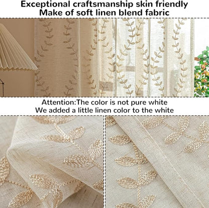 2 Panels Linen Leaf String Floral Embroidered Semi Sheer Curtain Farmhouse - Image 4