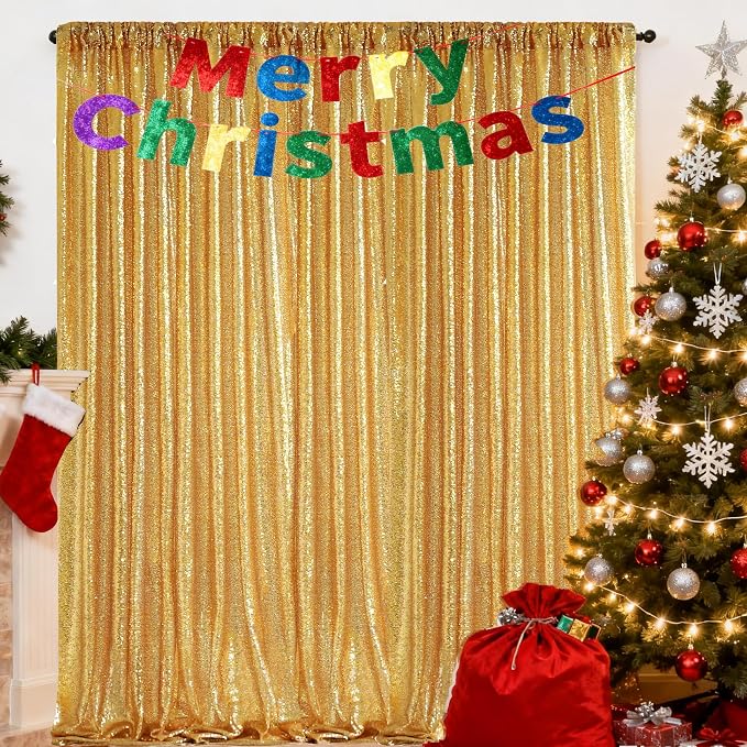 Gold Sequin Backdrop Curtains, 2 Panels 4FTx8FT Gold Curtain Backdrop Glitter - Image 2