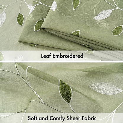 MIULEE Sage Green Sheer Curtains 2 Panels Leaf Patterned, W30 x L24 | - Image 4