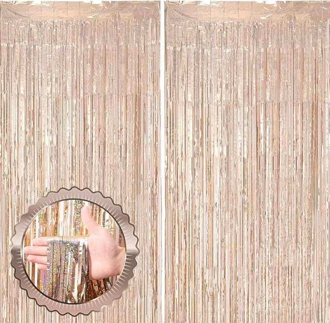 Voircoloria Laser Champagne Foil Fringe Backdrop Curtains, 2 Pack | Tinsel by Voircoloria