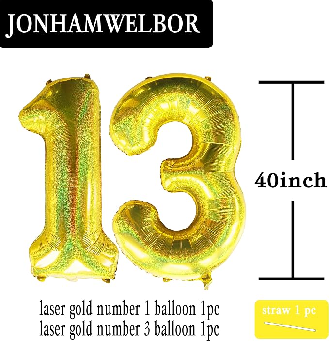 Jonhamwelbor 40 Inch Laser Gold 13 Balloon Numbers Foil Mylar Giant Balloon - Image 2