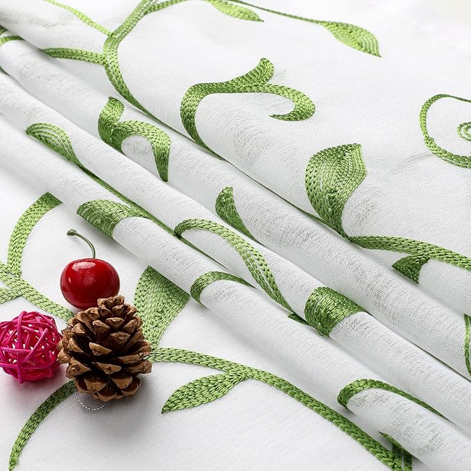 White Sheer Curtains Green Embroidered Leaves 2 Panels 54Wx63L | Light - Image 4