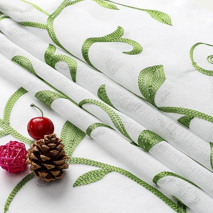 White Sheer Curtains Green Embroidered Leaves 2 Panels 54Wx63L | Light - Image 4