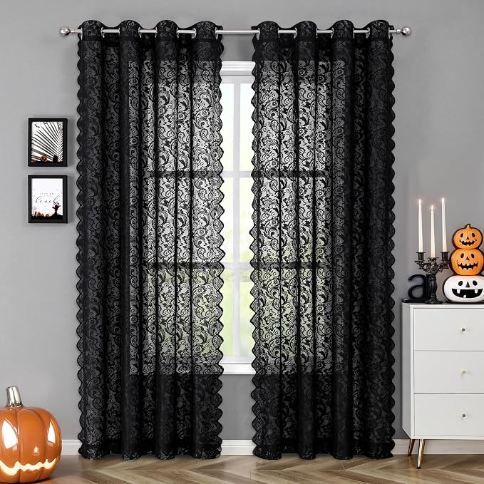 Bujasso Black Lace Sheer Curtains 95 inch Vintage Floral Sheer Window Curtain - Image 8