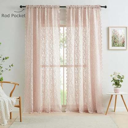 Bujasso Pink Lace Window Curtains Vintage Floral Sheer Curtain Panels 95 inch - Image 6