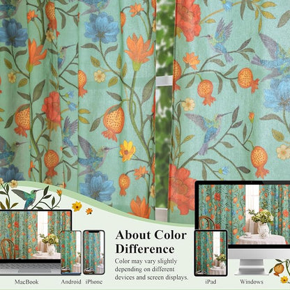 Green Floral Linen Curtains, Boho Whimsical Bird Print Curtains - Image 7