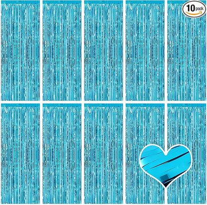 10 Pack Teal Blue Backdrop Curtain 3.2ft x 8.2ft Metallic Tinsel Foil Fringe by Ohiyoo