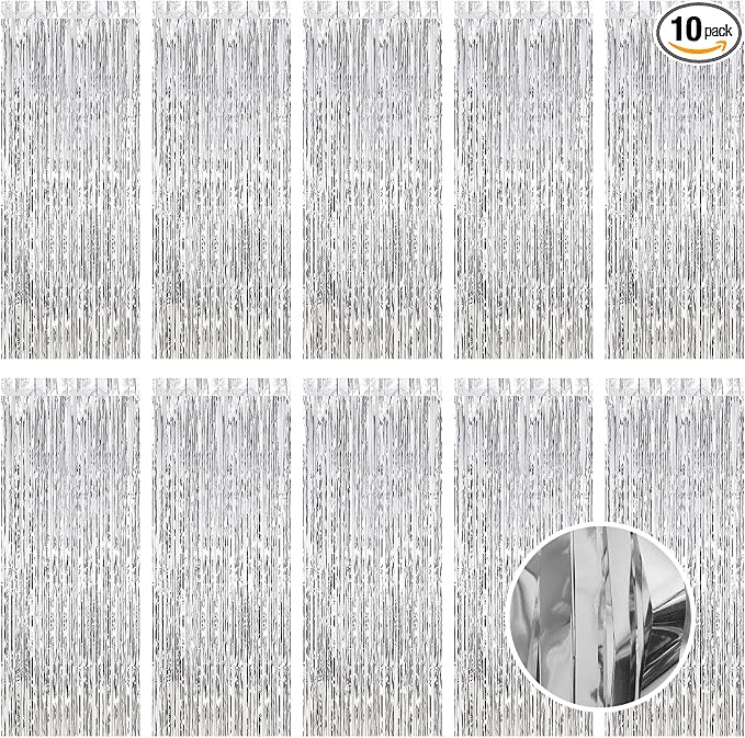 10 Pack Silver Foil Curtain Backdrop 3.2ft x 9.8ft Metallic Tinsel Foil Fringe by Ohiyoo
