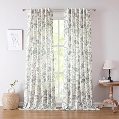 Kayne Studio Blue Grey Floral Botanical Rod Pocket Semi Sheer Curtains 95"L | by KayneStudio