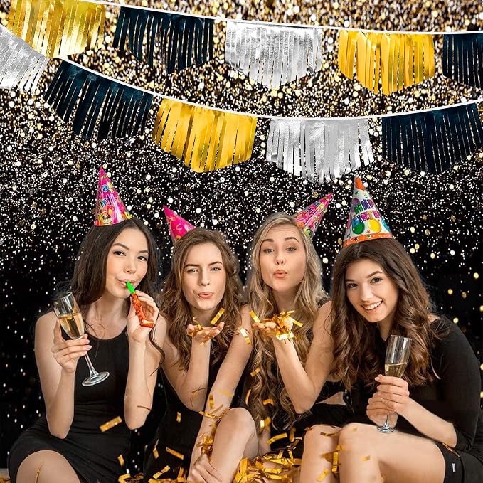 Black Silver Gold Tassel Banner Double Sided Metallic Fabric Pennant Bunting - Image 7